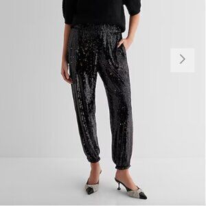 EXPRESS High Waisted Elastic Waistband Sequin Ankle Joggers XS NWT Black